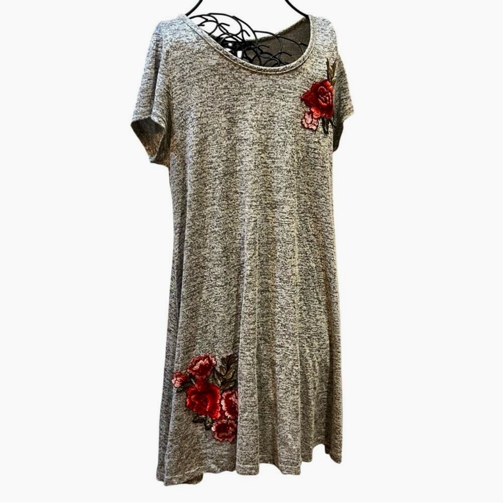French Atmosphere Women’s Gray Floral Patch Stretch Dress Rayon Bld Size Medium